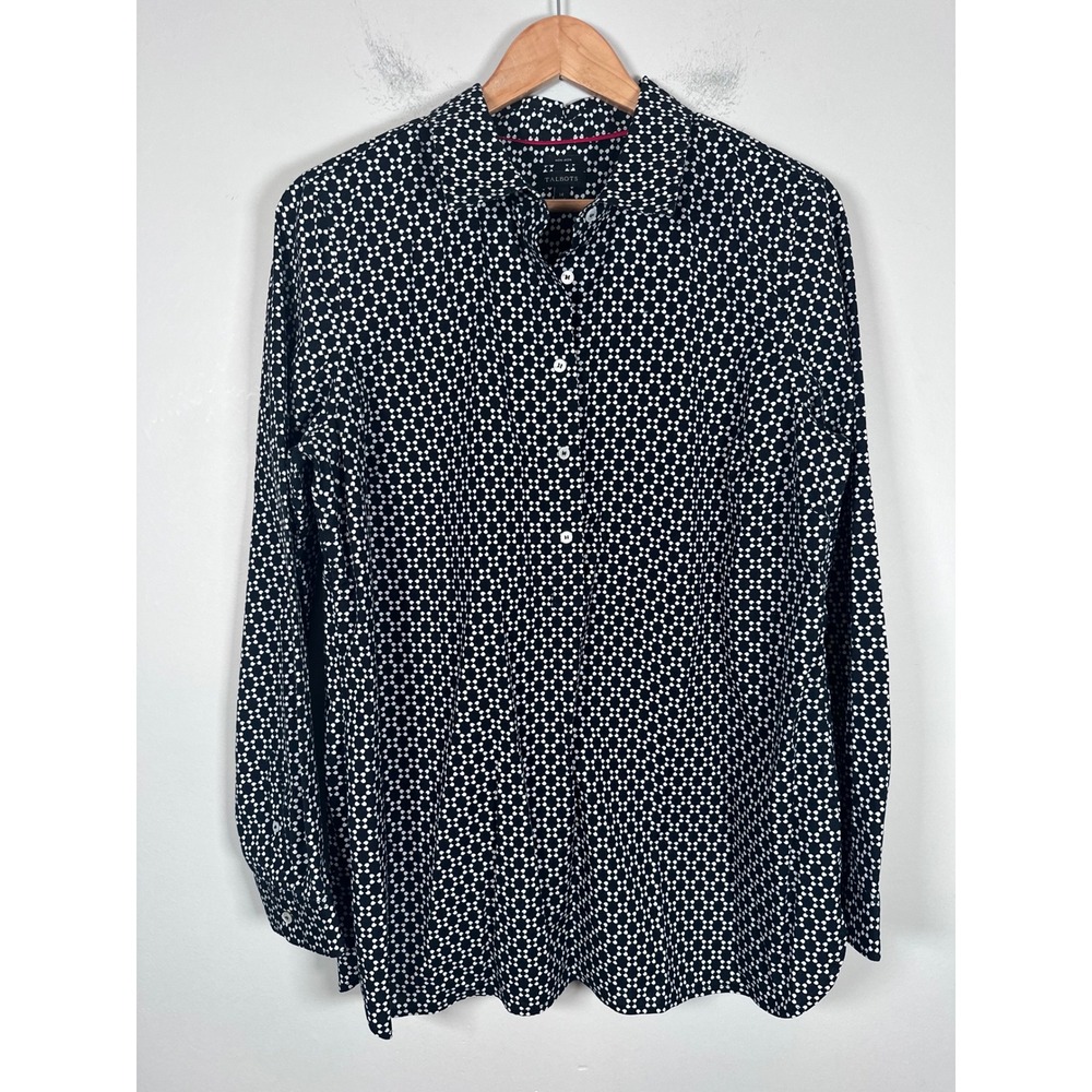 Talbots Button Down Shirt Women 14 Black White Geometric Floral Preppy Office